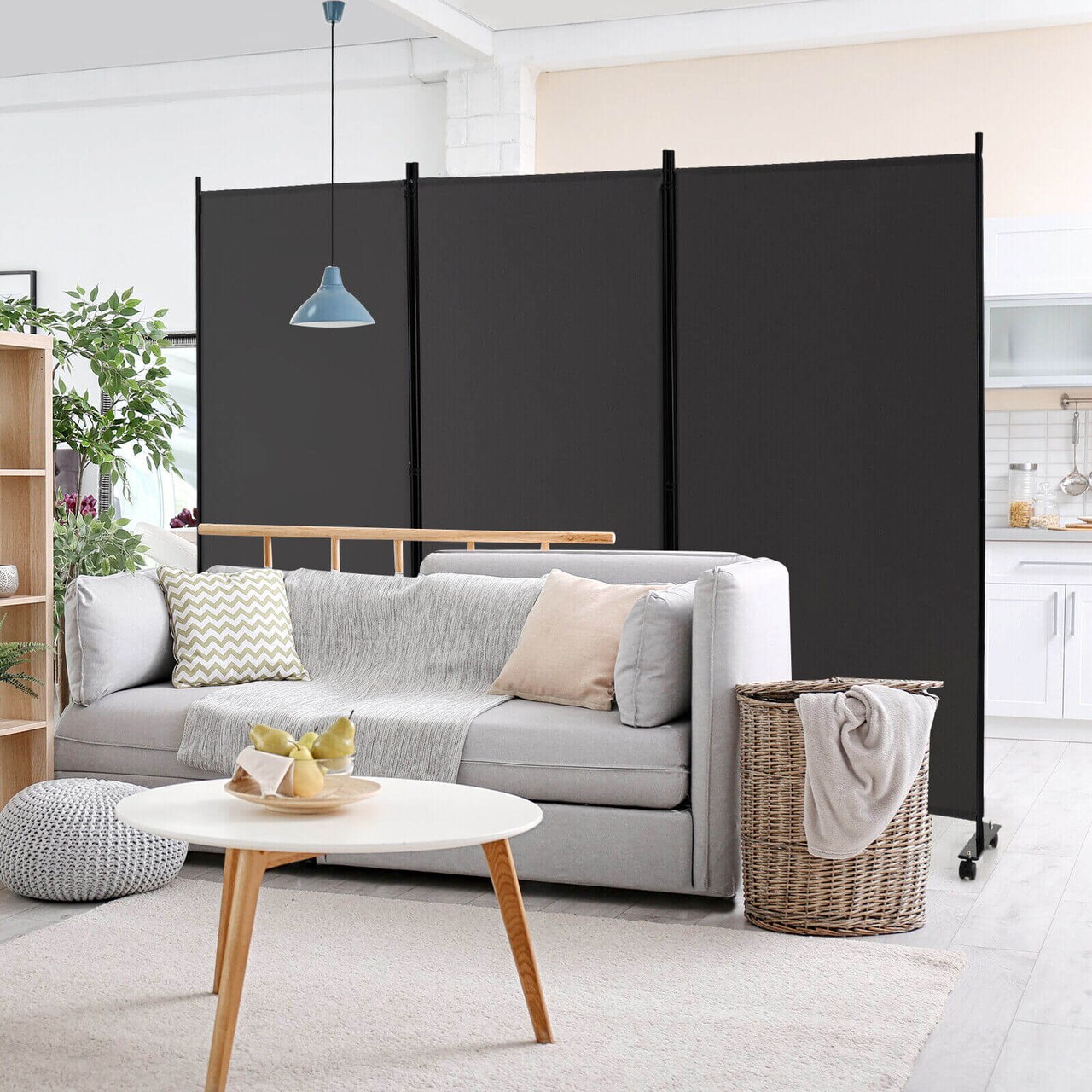 3 Panel Folding Room Divider with 8 Smooth Universal Lockable Wheels